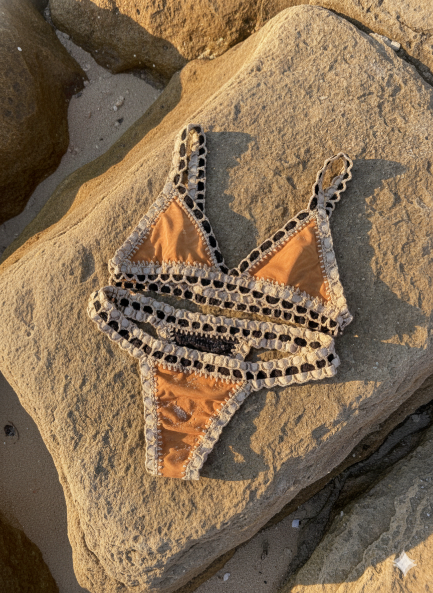 Crochet-trim bikini flatlay on rock