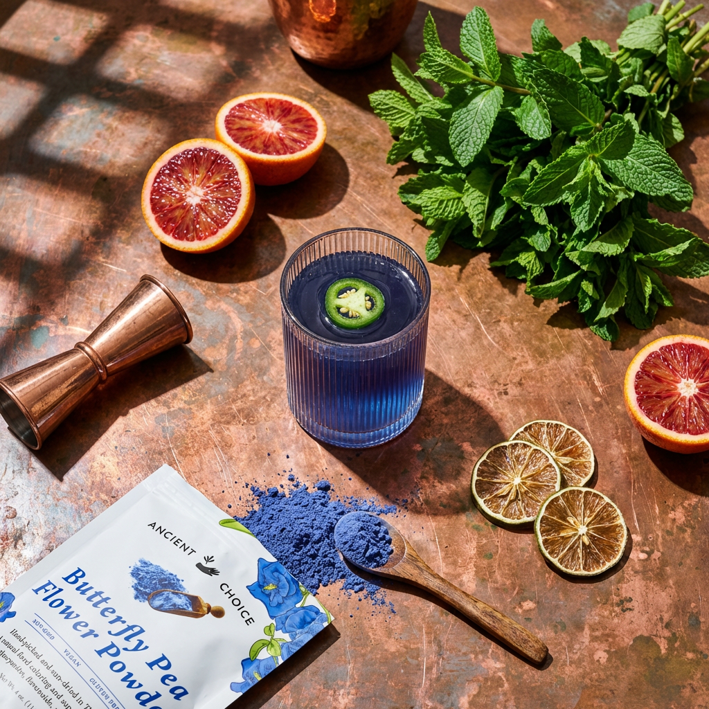 Blue cocktail flatlay on copper