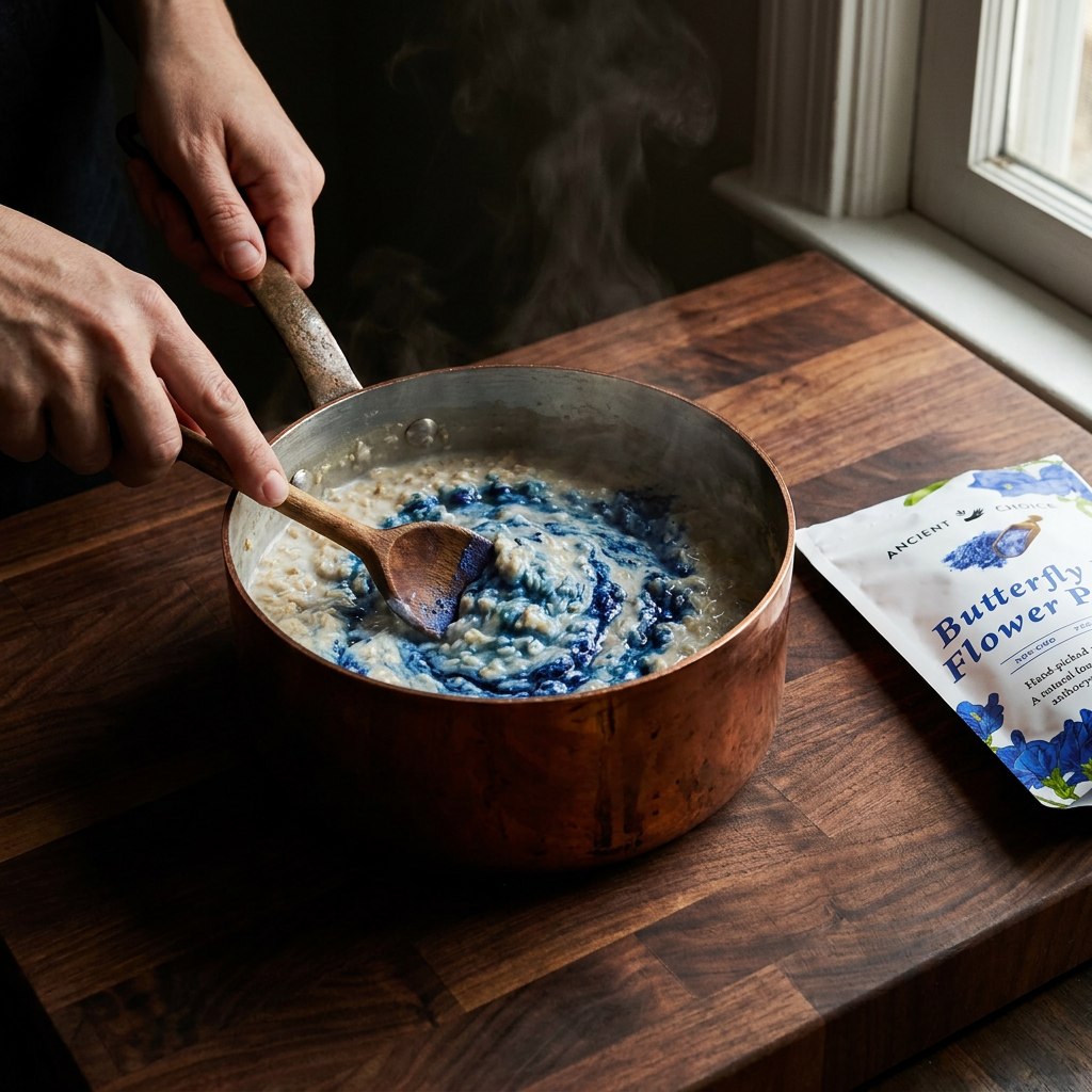 Butterfly pea oatmeal in copper pan