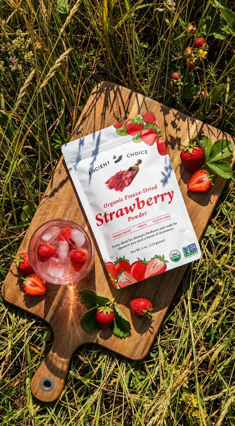 Strawberry pouch on cutting board