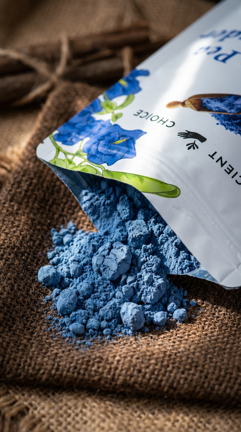 Butterfly pea pouch flatlay on slate