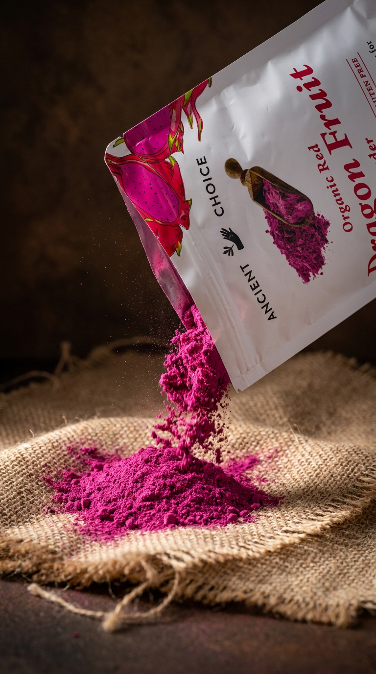 Dragon fruit powder pouring onto burlap