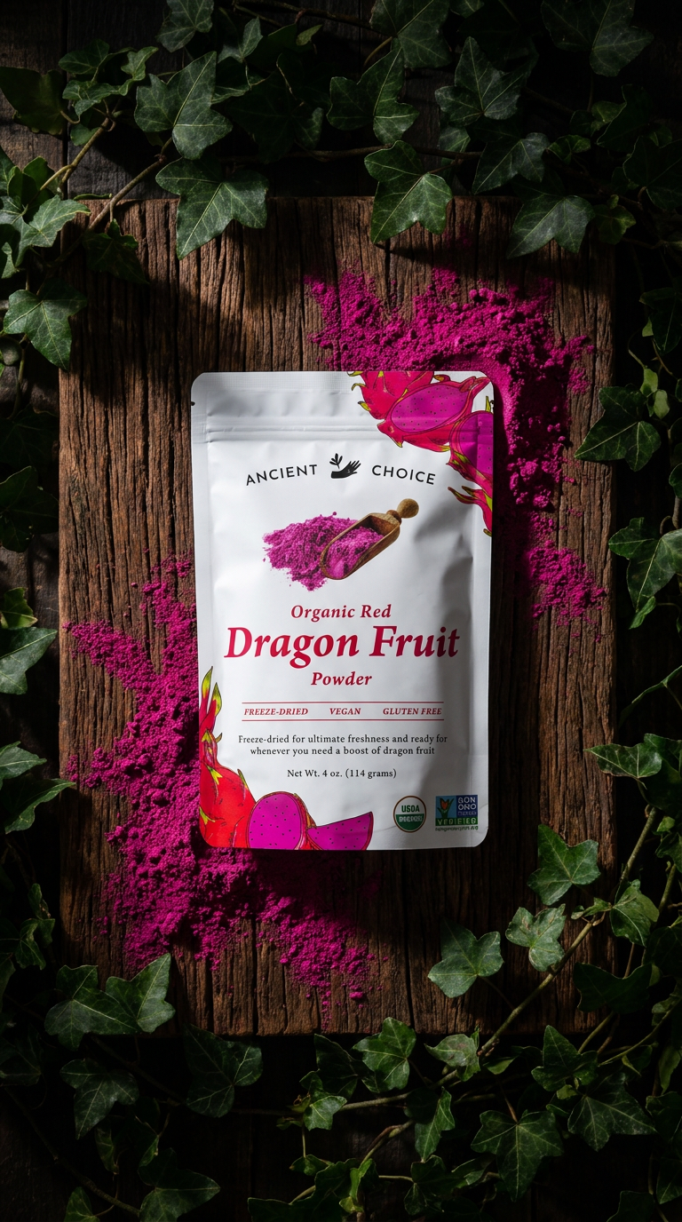 Dragon fruit pouch flatlay on slate