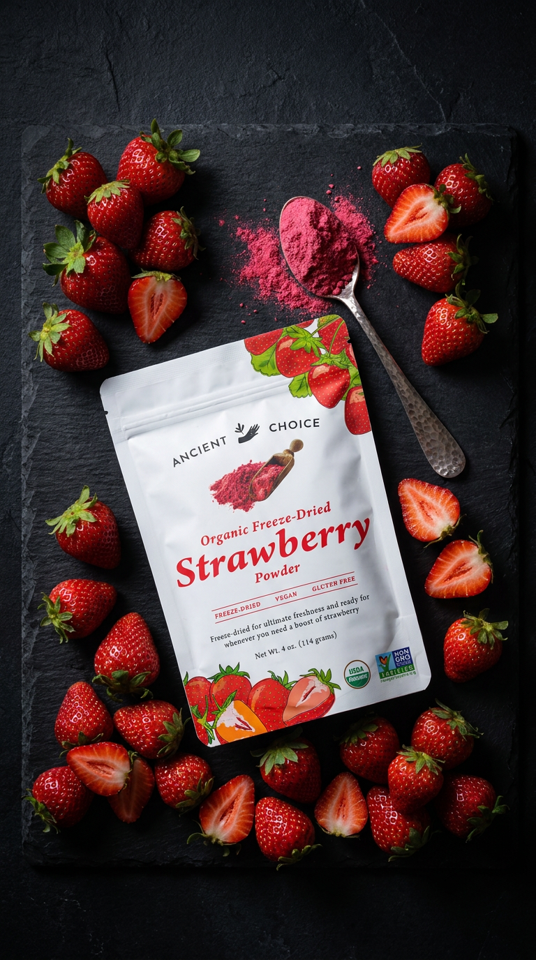 Strawberry pouch flatlay on slate
