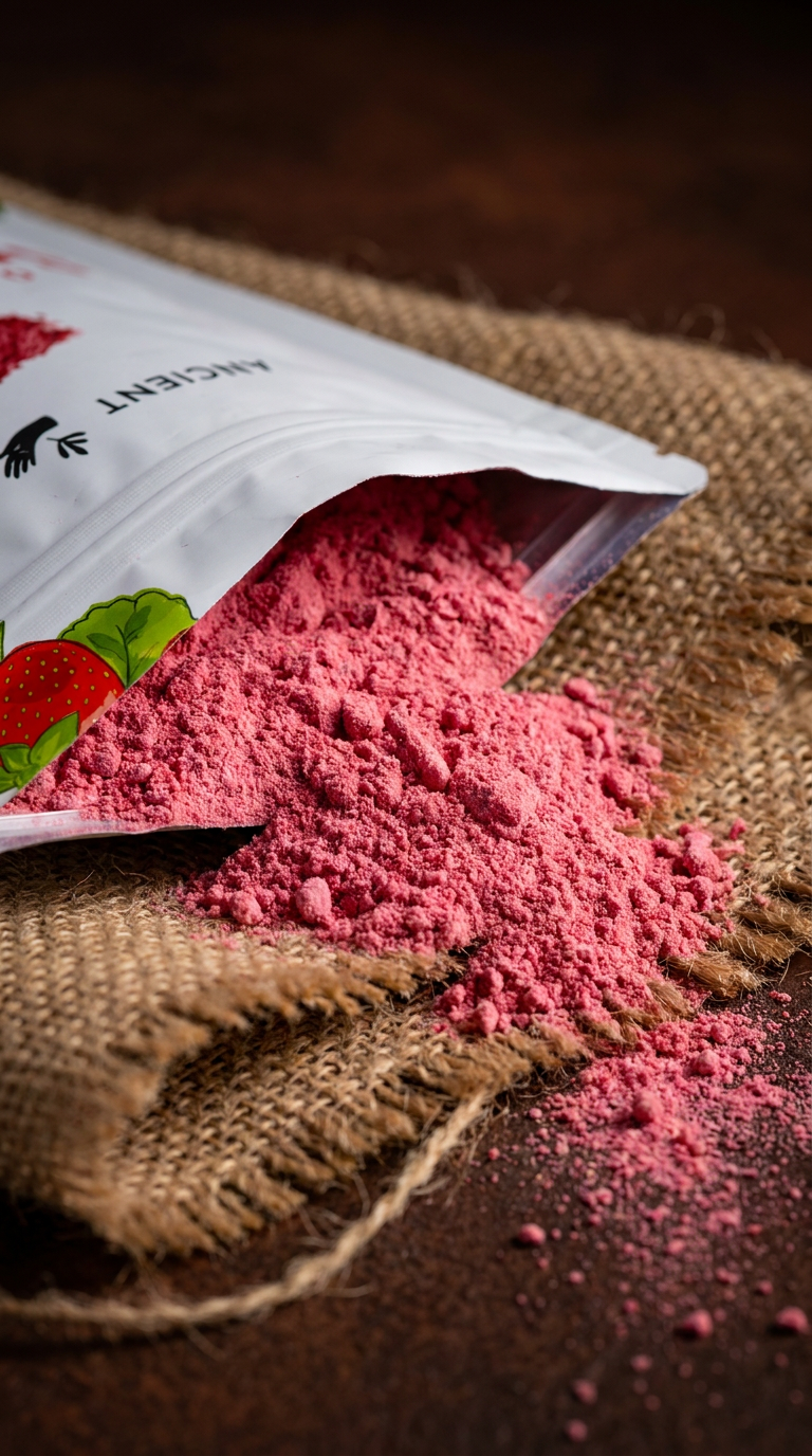 Strawberry powder spilled on burlap