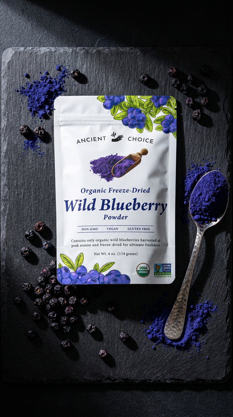 Wild blueberry pouch flatlay on slate