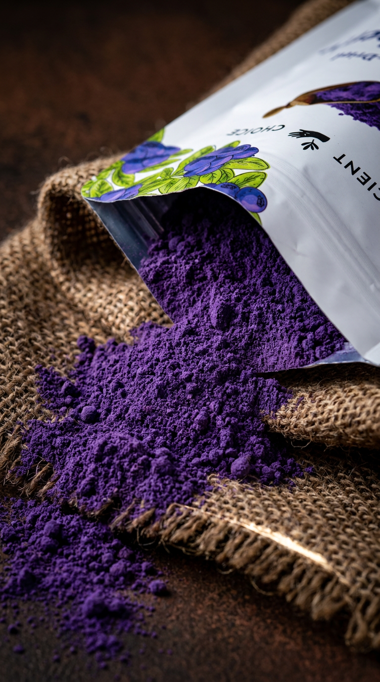 Wild blueberry powder spilled on burlap